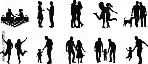 Silhouettes of couples, families, and friends enjoying moments together, showing love, bonding, parenting, joy, relationships, outdoor activities, and happy lifestyle interactions