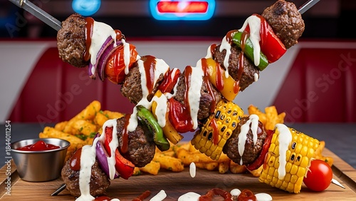 Realistic food photography kebab american sandwich with grilled beef pita bread juicy meat texture street food fast food concept takeaway meal restaurant menu visual for commercial food advertising