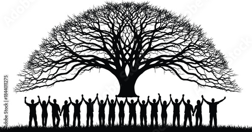 Silhouettes of diverse people standing united beneath a large spreading tree, symbolizing community strength, environmental harmony, teamwork, nature protection, and collective togetherness
