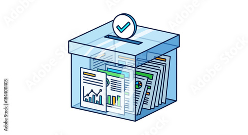 transparent ballot box with statistical reports and documents illustrating data driven elections democratic voting process and analytics
