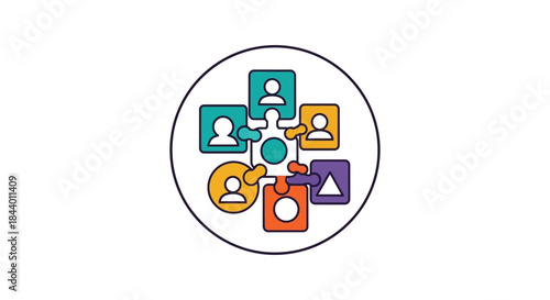 teamwork collaboration network icon showing connected people and puzzle pieces inside circle flat colorful vector illustration for hr and leadership