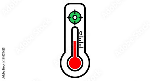 thermometer icon displaying red liquid below zero with a green target conceptualizing climate change goals and environmental temperature control.