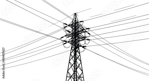 Silhouette of high voltage transmission tower with multiple intersecting power lines forming complex electrical network pattern in minimalist black and white illustration
