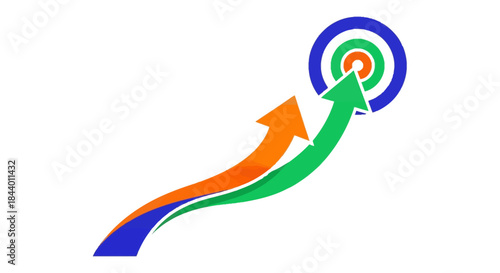 three colorful arrows dynamically striving towards a bullseye target symbolizing business success growth strategic goal achievement and ambitious progress.
