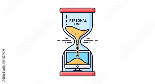 time management concept with hourglass pouring personal time into computer screen illustrating digital burnout and work life balance