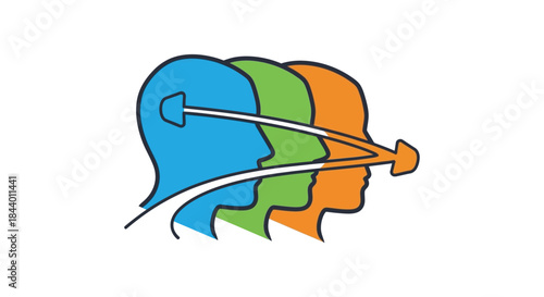 three human head profiles with an arrow symbolizing strategic vision forward thinking and progressive innovation for business development concepts.