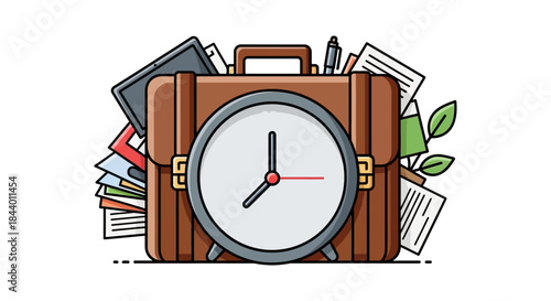 time management illustration a corporate briefcase overflowing with documents and a clock symbolizing professional workload and urgent deadlines