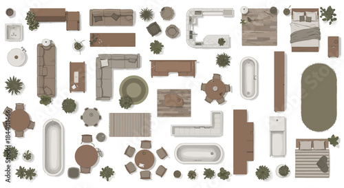top view interior furniture layout set with sofas beds tables bathtubs rugs and indoor plants for modern home floor plan design