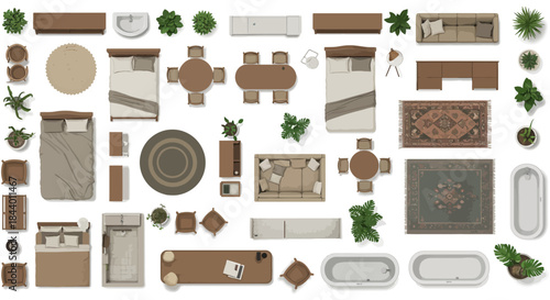 top view home interior furniture set with beds sofas tables plants and rugs for floor plan design and architecture layout projects