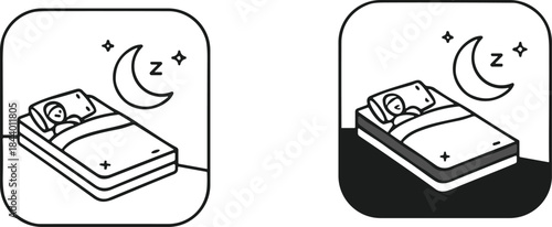 Minimalist sleep icons showing person in bed under moon and stars for night mode, bedtime app, rest and dream design