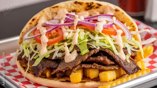 Modern street cuisine visual kebab american wrap with grilled meat warm tone fast food concept takeaway snack restaurant menu food marketing for commercial projects