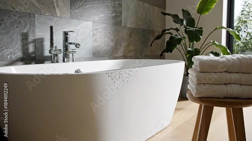 Modern Bathroom with Freestanding Bathtub and Lush Green Plant.