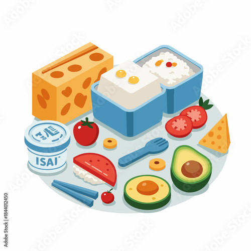 Flat Isometric Bento Box with Fresh Food Illustration for Culinary Design