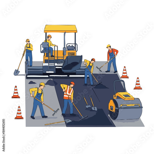 Construction workers operating heavy machinery to pave a road with asphalt.