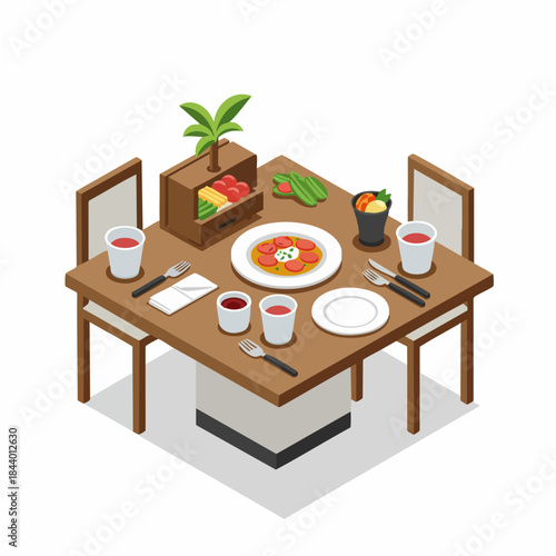 Isometric Delicious Dinner Table Setup with Food and Drinks Illustration