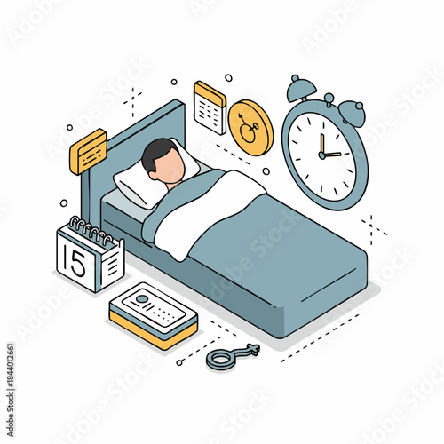 Isometric Line Art Person Sleeping Calmly in Bed with Alarm Clock and Calendar