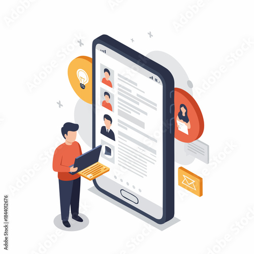 Isometric Illustration of Man Using a Laptop with Mobile Phone Interface Application