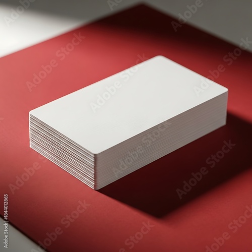 Stacked blank business cards on a red surface, creating clean presentation
