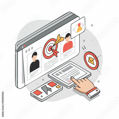 Isometric Detailed Target Audience Illustration of Online Recruitment Marketing Campaign