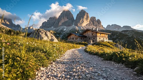 Scenic Mountain Landscape with a Rustic Lodge and Winding Path.