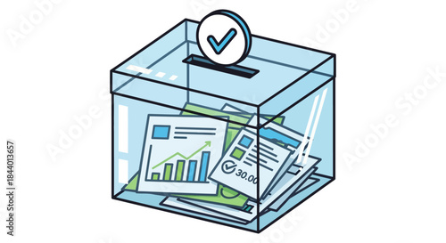 transparent box containing financial reports and data with a checkmark token dropping into the slot symbolizing business evaluations.