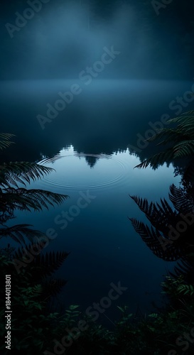 Tranquil lake reflecting serene nature and foggy ambiance, enveloped trees