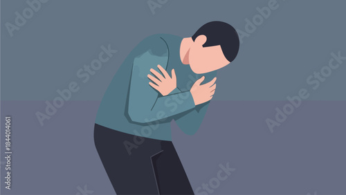 Overwhelmed emotion shown by hunched posture and inward gesture