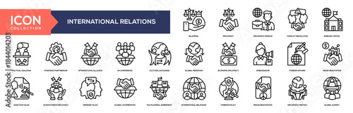 Line - International Relations Blue Icon Collection. Containing Foreign Policy, Peace Negotiation, Diplomatic Meeting, Global Summit, Bilateral, Diplomacy, Diplomatic Mission