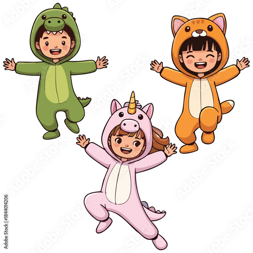 Three happy children having fun playing dress up in cute animal costumes