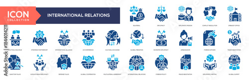 Glyph Color - International Relations Blue Icon Collection. Containing Foreign Policy, Peace Negotiation, Diplomatic Meeting, Global Summit, Bilateral, Diplomacy, Diplomatic Mission
