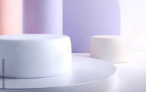 Pastel colored cylinders and platforms create a minimalist, abstract background