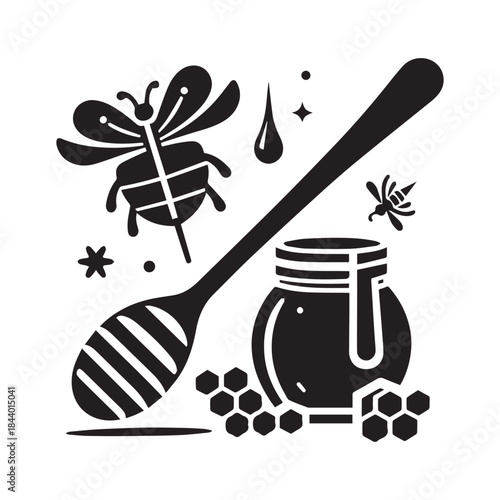 Honey Drizzle Dipper and Bee Silhouette Vector for Branding & Packaging