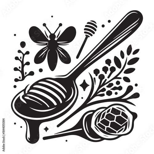 Honey Drizzle Dipper and Bee Silhouette Vector for Branding & Packaging