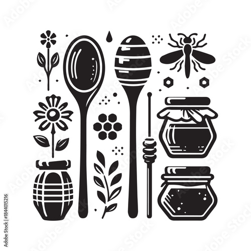 Honey Drizzle Dipper and Bee Silhouette Vector for Branding & Packaging