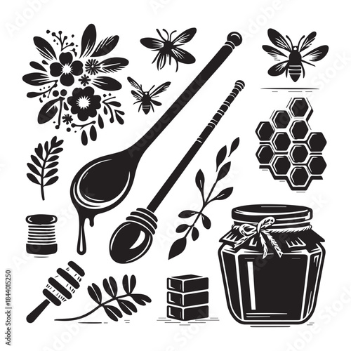 Honey Dipper with Dripping Honey and Bee Vector Illustration