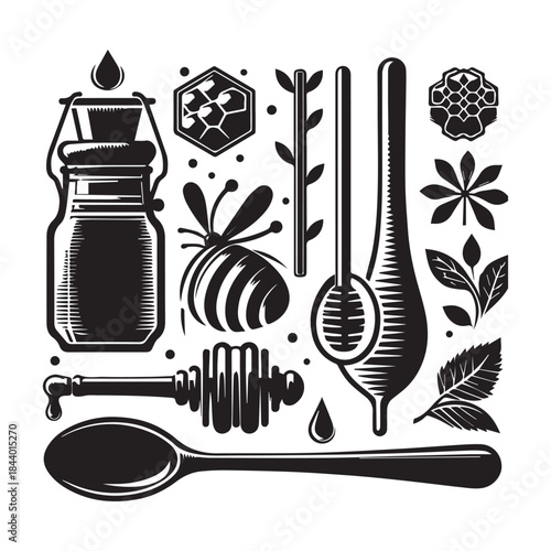 Honey Dipper with Dripping Honey and Bee Vector Illustration