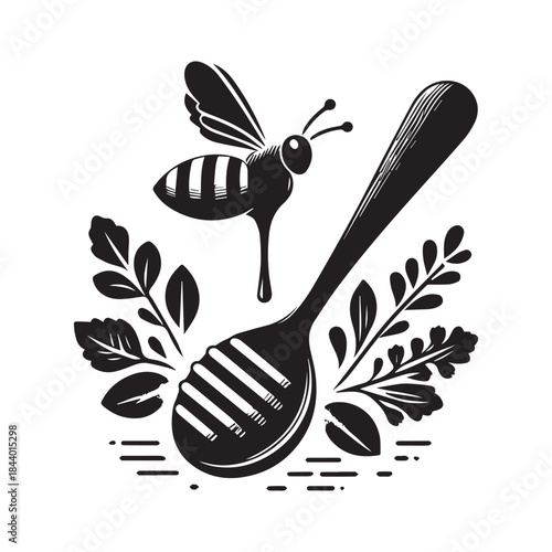 Honey Dipper with Dripping Honey and Bee Vector Illustration