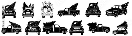 Christmas Tree Delivery Trucks Set — Holiday Pickup Vehicles Transporting Fir Trees from Tree Farm and Market
