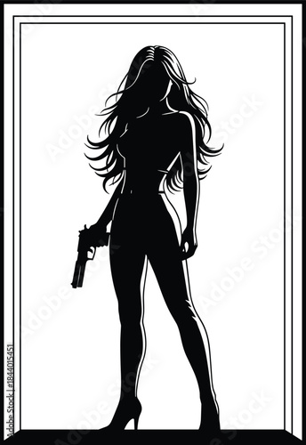 Strong female action silhouette holding a handgun in dramatic doorway frame, powerful spy character illustration for thriller, adventure, and action themes