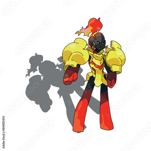 Fiery Armored Mecha Warrior With Yellow Armor Stands Boldly In Red Boots