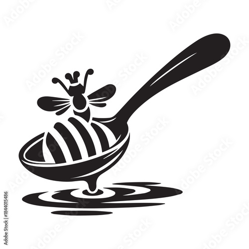 Honey Dipper with Dripping Honey and Bee Vector Illustration