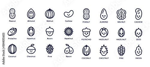 Set of cute nuts and seeds food icons perfect for healthy eating designs and snack illustrations
