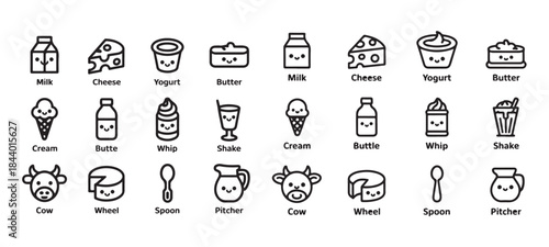 Adorable dairy products and related items with smiling faces in a comprehensive collection of outline icons