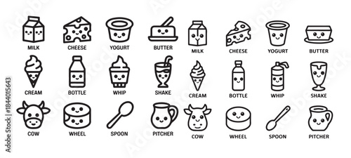 Cute dairy products and related items with smiling faces in a comprehensive collection of outline icons