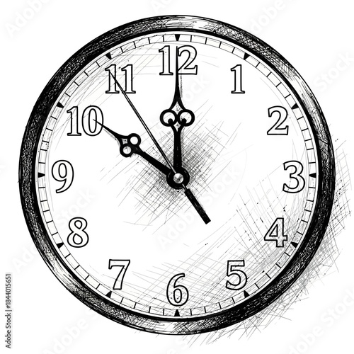 Analog round wall clock showing time at 11:55 with a simple design and black and white color scheme