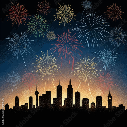 Celebratory fireworks display illuminating the night sky over a city skyline during an event