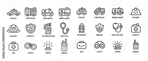 Emergency services and rescue collection pixel perfect outline icon set includes police ambulance helmet