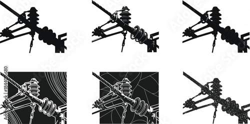Stylized electrical insulator illustrations, utility pole silhouettes, high voltage components, industrial energy infrastructure, engineering visual set, black and white design