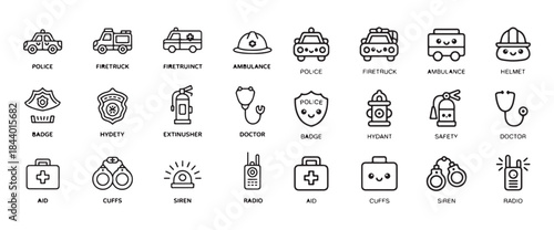 Emergency services and rescue collection pixel perfect outline icon set includes police ambulance helmet
