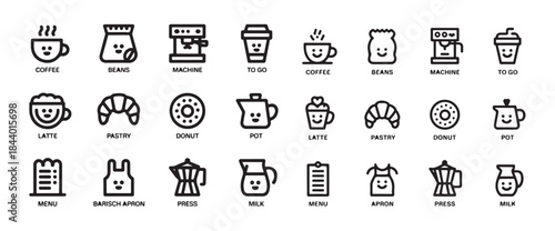 Delicious coffee and breakfast items collection pixel perfect outline icon set includes beans machine cup